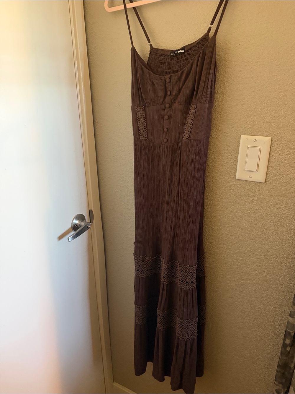 Fashion Nova Chocolate Brown Lace-Trim Maxi Dress